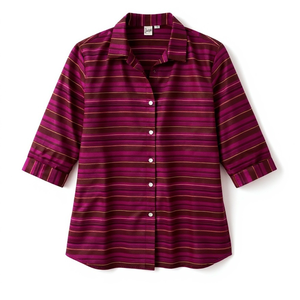 [16] SASH Blouse silk 3/4 sleeve gold purple striped - Picture 2 of 7